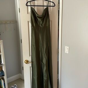 Lisa Long Dress - Olive Shiny Satin